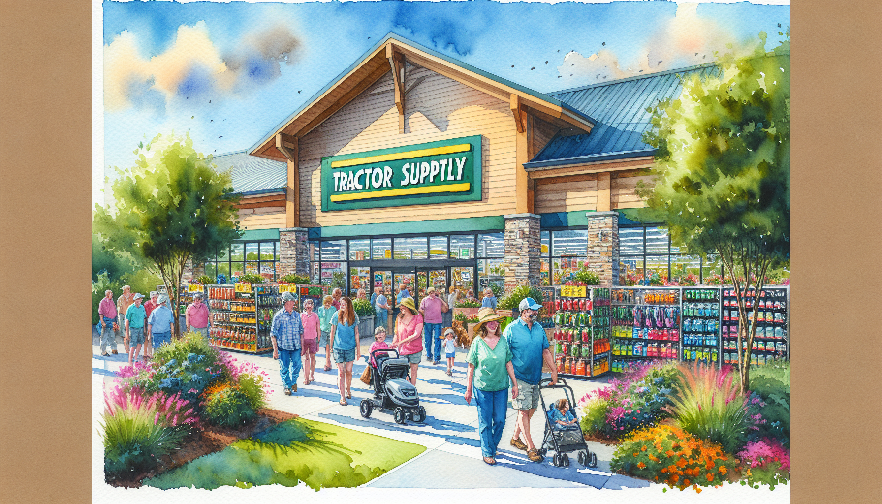 An artistic representation of a tractor supply store with a blurred company sign.